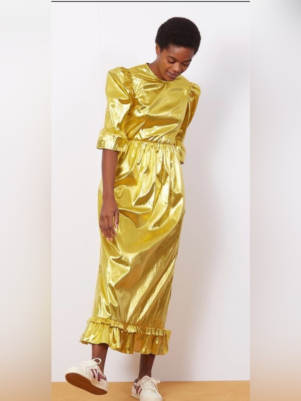 Batsheva Collarless Kate Gold Lame Puff-Sleeve Maxi Dress - Size 0